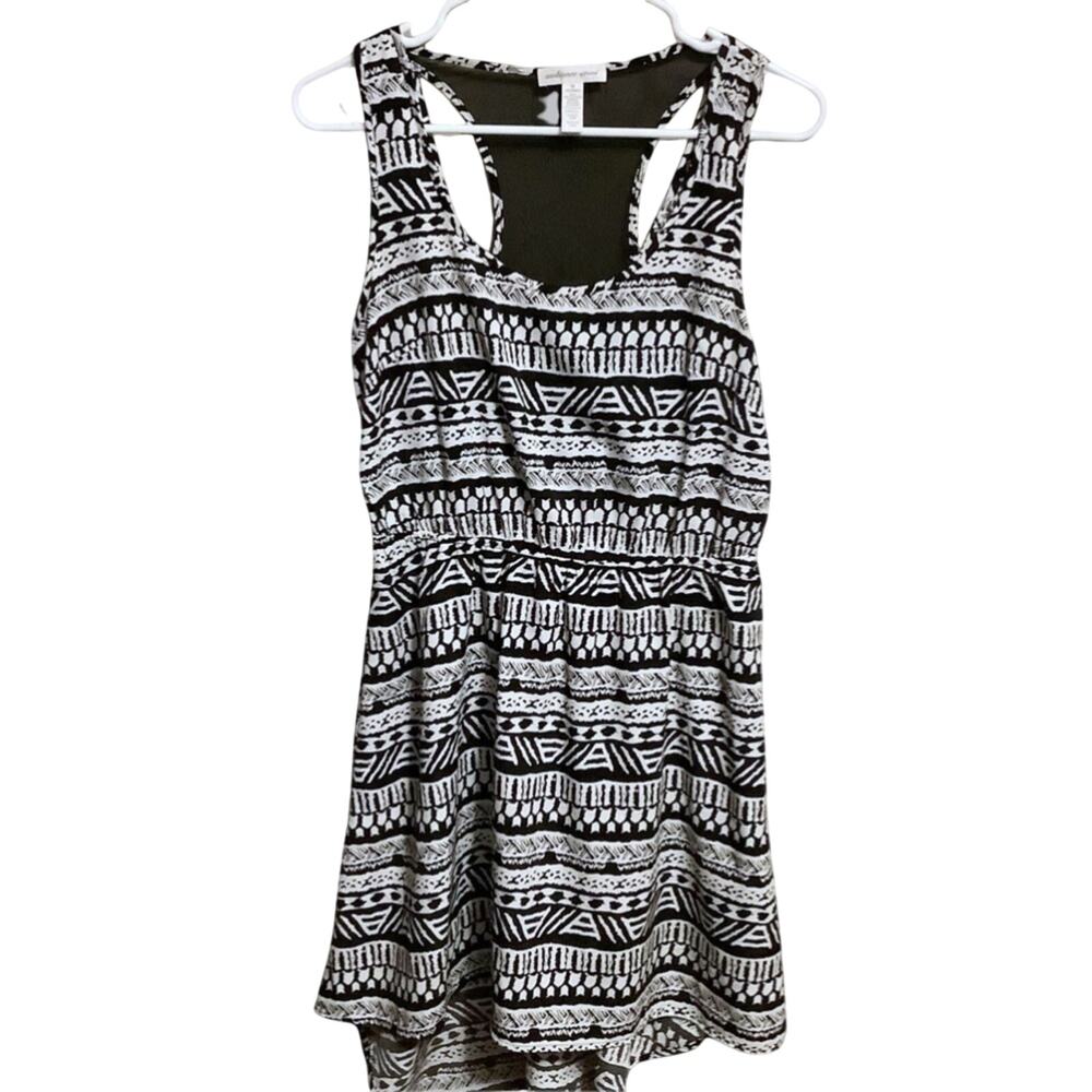 AMBIANCE APPAREL Black & White Mesh Back Drop Waist Tribal Print Dress Size M